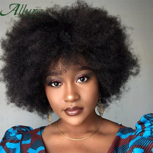 Fluffy Afro Kinky Curly Wig For Black Women Remy Brazilian Human Hair Short Sassy Wear to Go Wigs Natural Brown Burgundy Allure