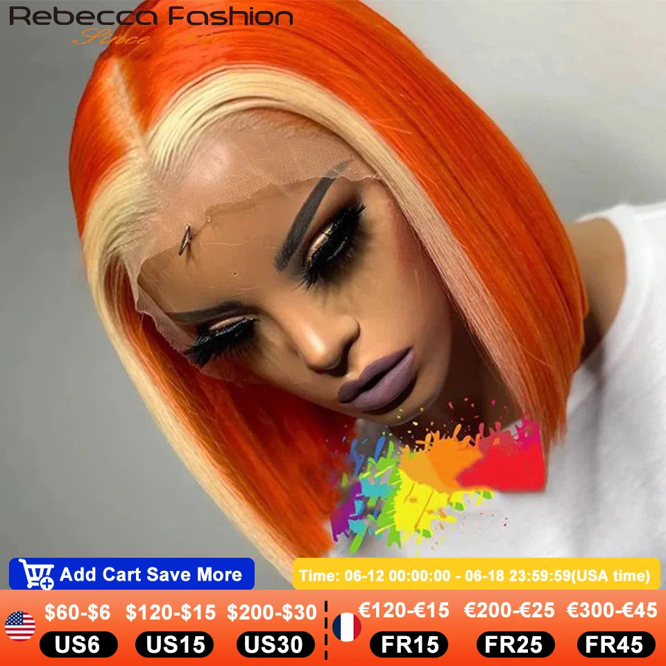 Short Cut Ginger Blonde Ombre Straight Bob T Lace Wigs Human Hair Pre Plucked Brazilian Straight Lace Front Human Hair Lace Wigs