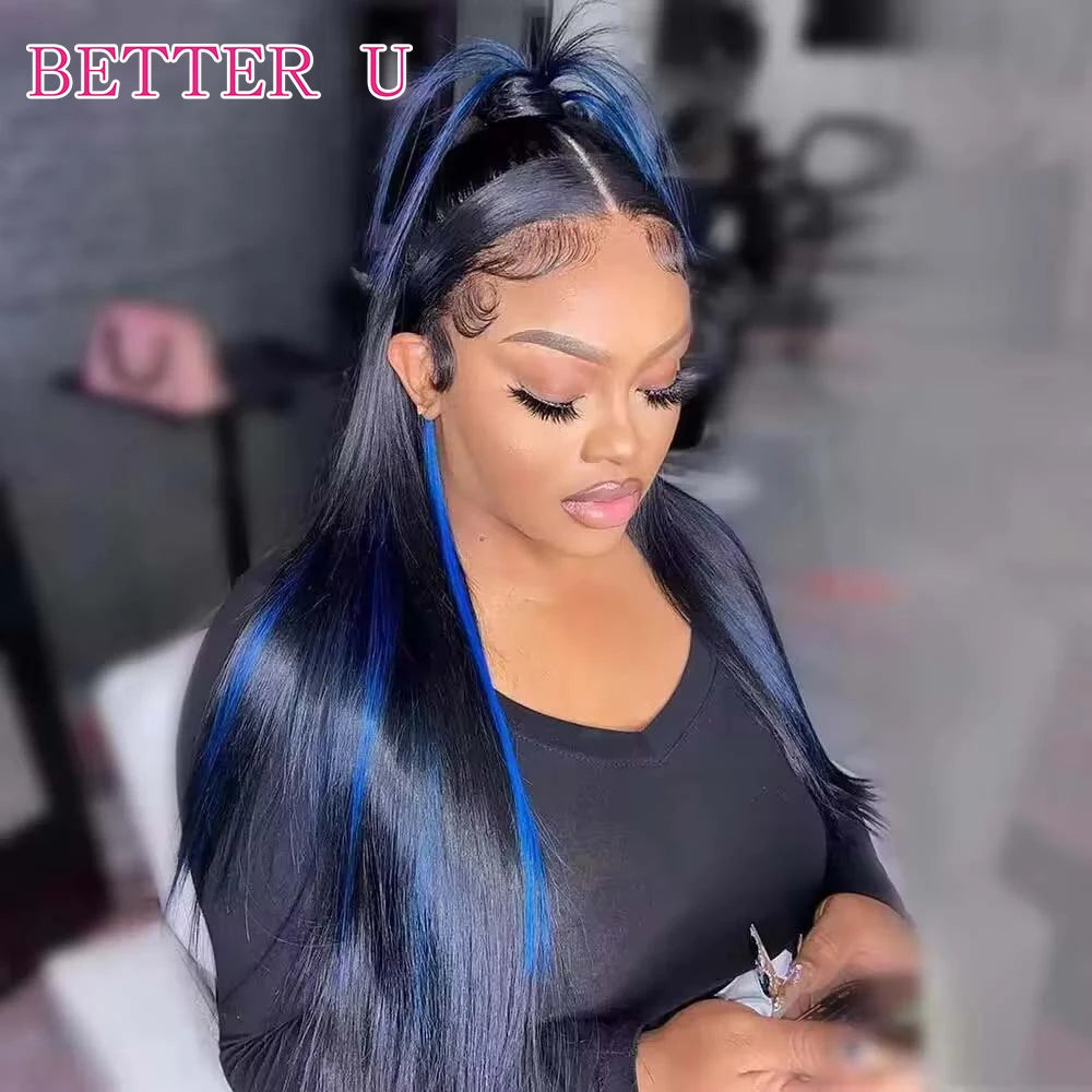 Highlighted Black With Blue 13*4 13*6 Transparent Lace Front Wig Human Hair Wig Suitable For Black Women Glueless Wig Human Hair