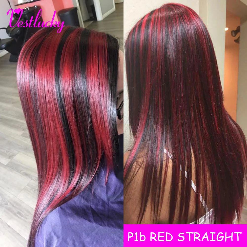 P1b Red Straight Brazilian Hair 100% Human Hair Bone Straight Gluesless Wig Red Wigs Transparent Lace Wigs for Women Human Hair