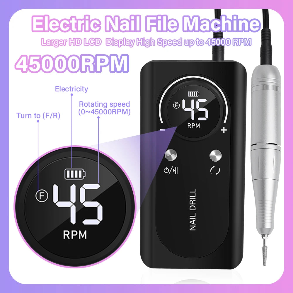 Professional 45000RPM Electric Portable Nail Drill Machine Rechargeable Low Noise Nail Sander File for Manicure Salon Tool