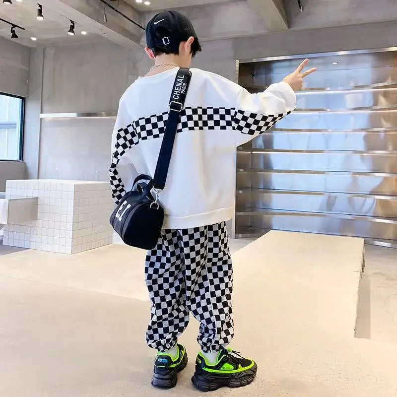 Contrast Boys Sweatshirt + Plaid Sweatpant Sets School Kids Tracksuit Students Jogger Suit Children 2 Pieces Outfits 5-16 Years