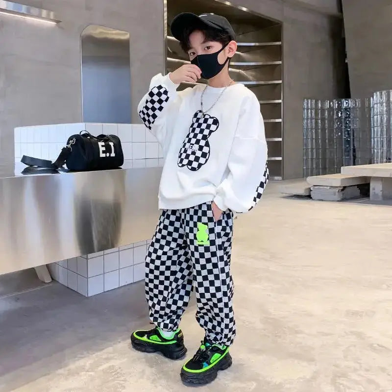 Contrast Boys Sweatshirt + Plaid Sweatpant Sets School Kids Tracksuit Students Jogger Suit Children 2 Pieces Outfits 5-16 Years