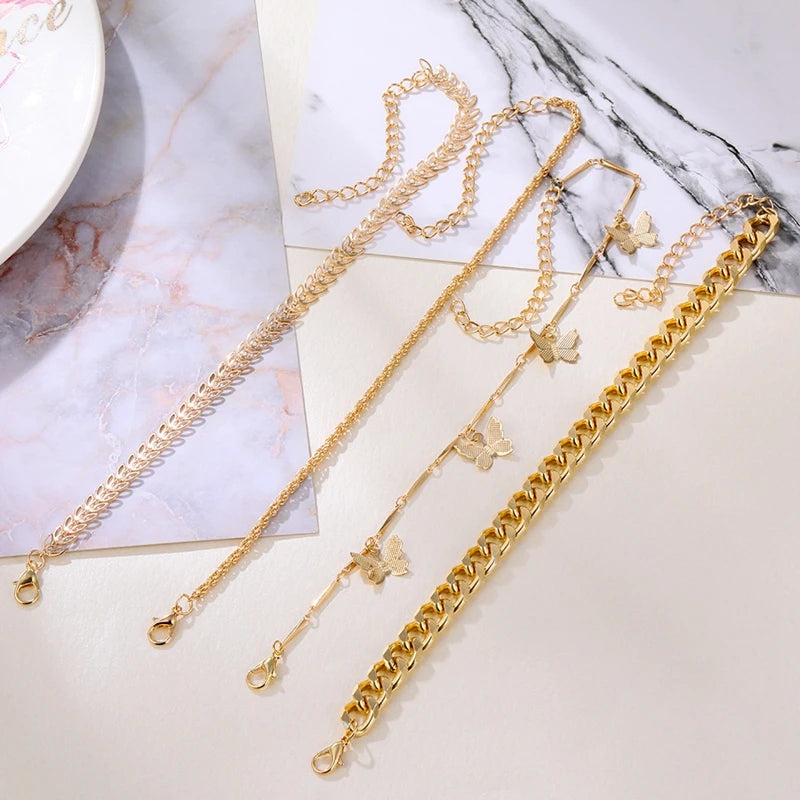 Fashion Butterfly Gold Color Silver Colors Bracelets Set For Women DIY Gold Color Chain Charm Bracelet Bohemian Jewelry