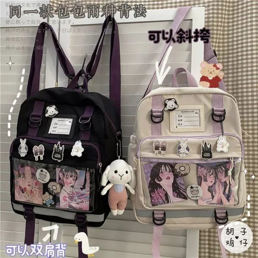 Japanese Second Element Backpack Teenage Girls School Bags Nylon Backpack Women Shoulder Bag Transparent Pocket Itabag Mochila