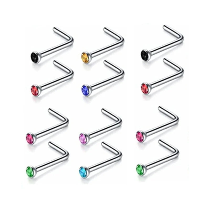 12/24/36Pcs L Shape Nose Ring Curve Pack Crystal Straight Nose Ring Set Nose Stud Lot Piercing Nariz Cuff Nase Pircing Nose Clip