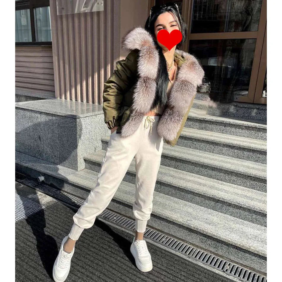 MAOMAOKONG 2023 Fashion Short Women's Real Fox Fur Coat Natural Big Raccoon Fur Collar Winter Parka Bomber Jacket Waterproof