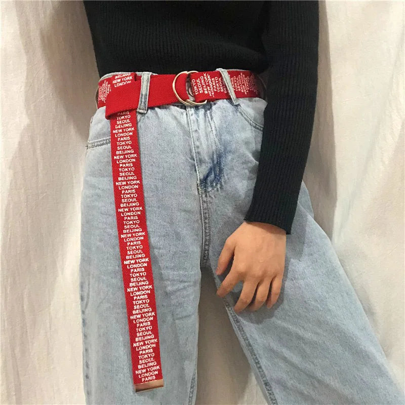 Punk Canvas Belt Women Men Harajuku Letter Flame Printing Long Waist Strap D Ring Buckle Black White Female Trouser Jeans Belts