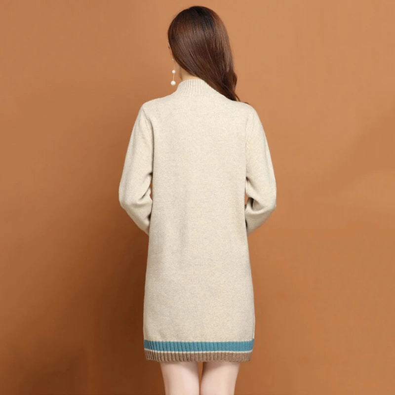 New Women Knit Sweater Dress Autumn Winter 2023 Casual Fashion Thick Patchwork Long Basic Sweater Loose Knitted Pullover Dress