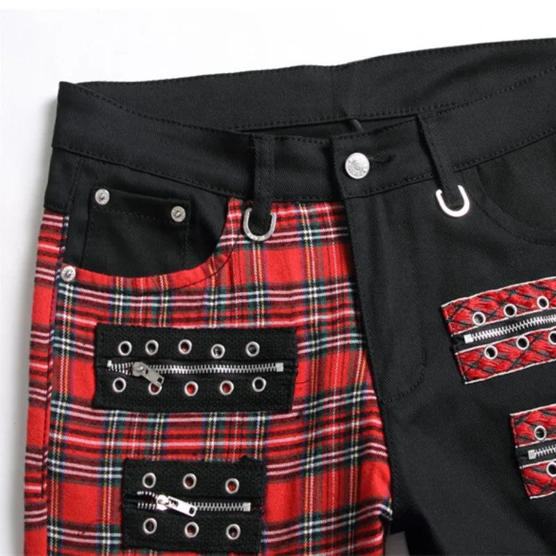 New Fashion Red Plaid Patchwork Punk Zipper Men Pencil Jeans Trousers Y2K Buckle Hip Hop Gothic Slim Denim Pants Pantaloni Uomo