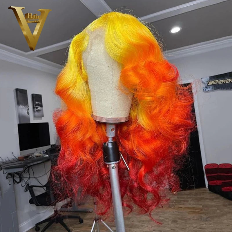 Ombre Yellow Orange Colored Human Hair Wigs For Women Red Brown Body Wave Lace Front Wig Preplucked Transparent Lace Frontal Wig