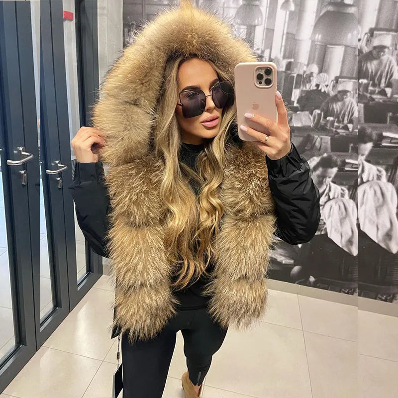 MAOMAOKONG 2023 Fashion Short Women's Real Fox Fur Coat Natural Big Raccoon Fur Collar Winter Parka Bomber Jacket Waterproof