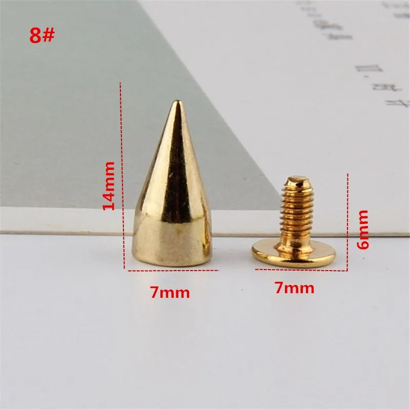 All Kinds of Gold Metal Screwback Cone Studs Bullet Spike Stud Punk Bag Belt Shoes Clothes Leathercraft Cone Rivet DIY