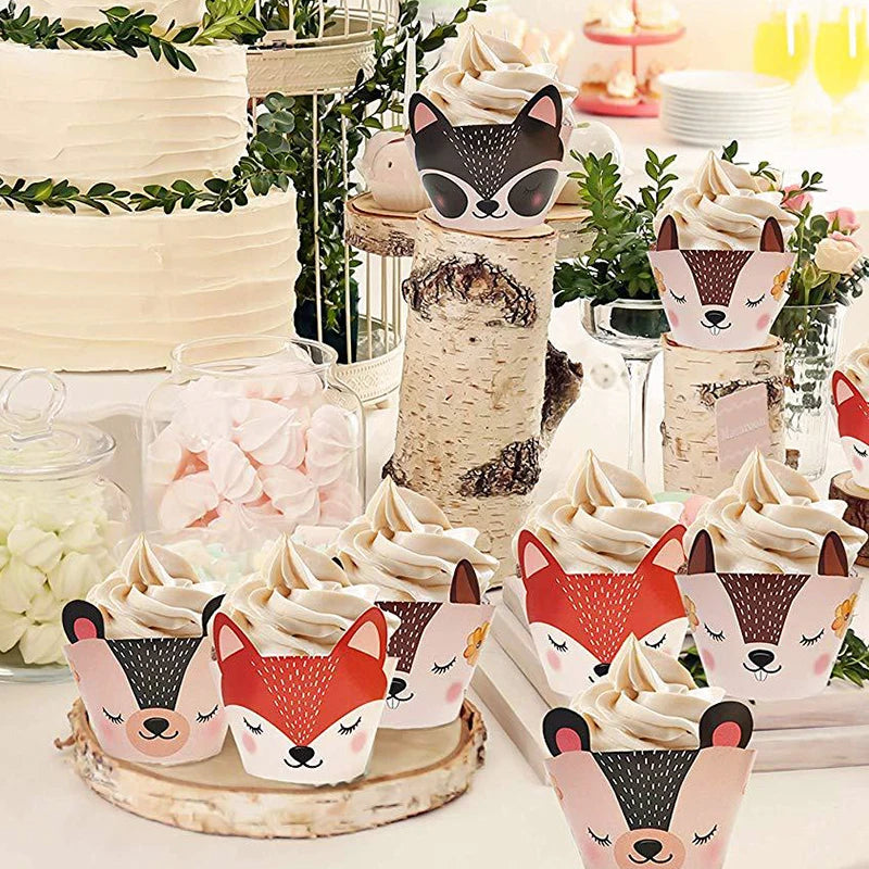 New Animals Cupcake Wrappers Cartoon Red Fox Rabbit Birthday Party Decorations Kids Jungle Theme Party Cake Decorating Supplies