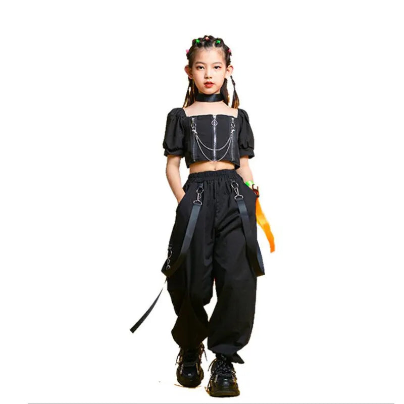 Kids Punk Hip Hop Clothing Square Neck Puff Sleeve Crop T Shirt Pleated Mesh Skirt Pant For Girls Jazz Dance Costume Set Clothes