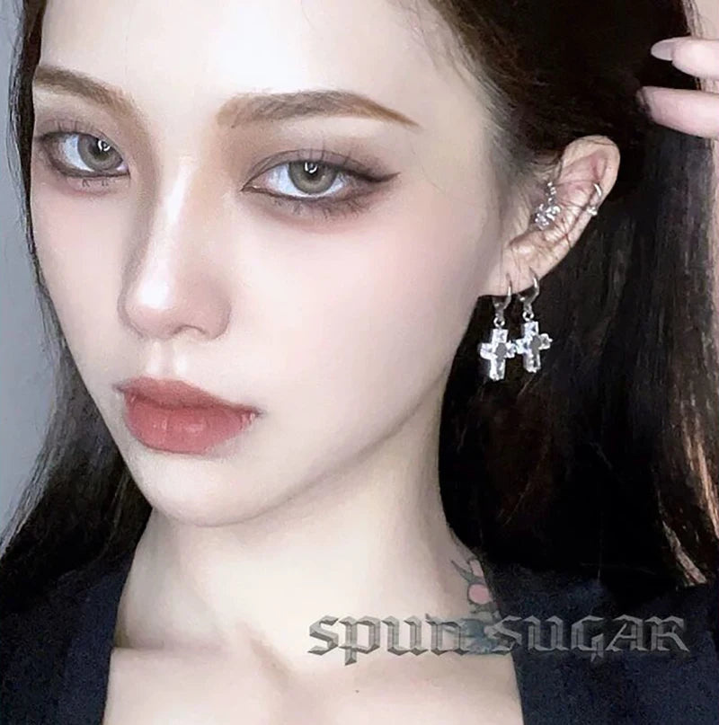 Gothic Cubic Zirconia Cross Drop Dangle Hoop Earrings for Women Men Stainless Steel Hiphop Punk Cool Hoop Earrings Jewelry Gift