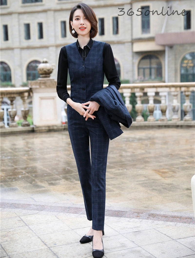 Formal Uniform Designs Pantsuits for Women Business Work Wear Ladies Office Autumn Winter Professional OL Blazers Fashion Plaid