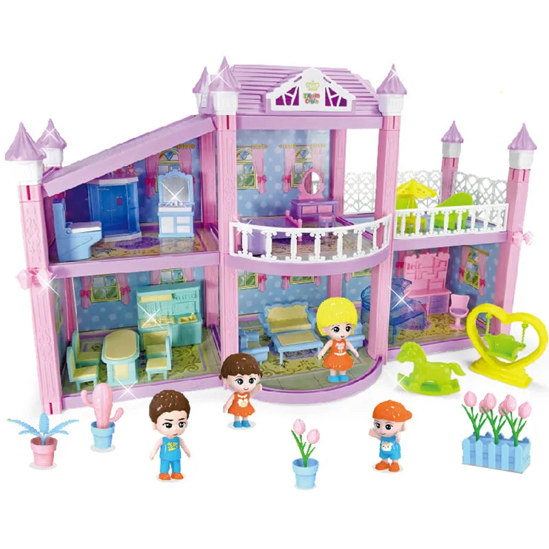 Kids DIY Family Doll House Accessories Toy With Miniature Furniture Garage Assemble Casa Doll House Toys For Girls Birthday Gift