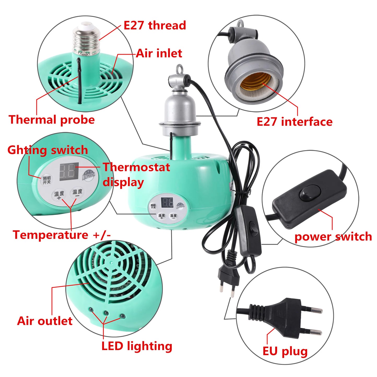 Pet Heating Lamp Animal Warm Light Chicken Thermostatic Temperature Controller Heater Reptile Box Heating lamp 220V 300W