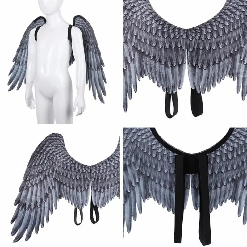 Adult Kids Halloween Black White Non Woven Feathers Angel Wings Evil Cosplay Costume Mardi Gras Pretend Play Dress Up Accessory