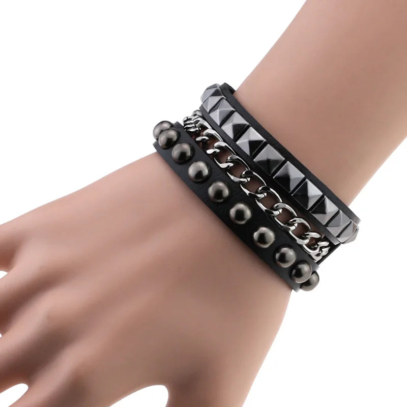 Fashion Multilayers Rock Spikes Rivet Chains Gothic Punk Wide Cuff Leather Bracelet Bangle Men Bracelets Jewelry Pulseiras