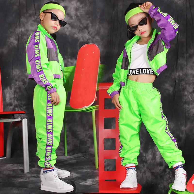 Green Children's Hip Hop Dance Wear Girls Jazz Modern Dancing Costumes Fluorescence Clothing Suits Kids Stage Costumes Outfits