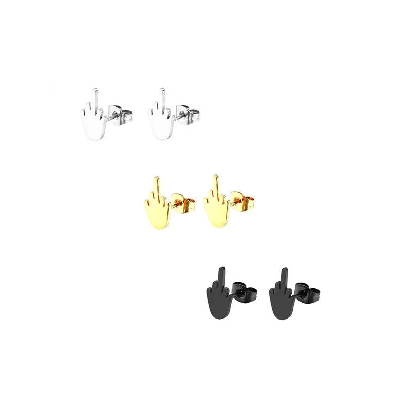 Punk Vertical Middle Finger Earrings Stainless Steel For Men Women Rock Geometric Shaped Stud Ear Jewelry Gifts 2pieces