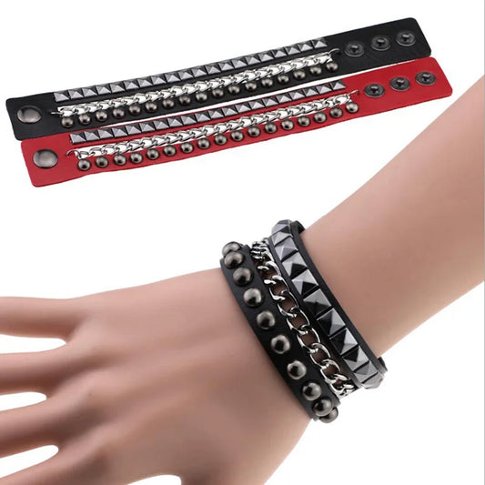 Fashion Multilayers Rock Spikes Rivet Chains Gothic Punk Wide Cuff Leather Bracelet Bangle Men Bracelets Jewelry Pulseiras