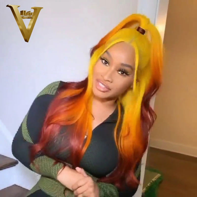 Ombre Yellow Orange Colored Human Hair Wigs For Women Red Brown Body Wave Lace Front Wig Preplucked Transparent Lace Frontal Wig