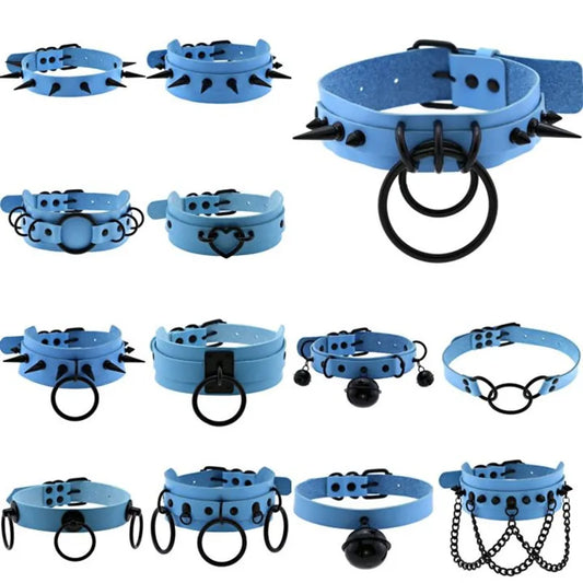 Black Harajuku Spike Round Heart Choker Necklaces Sky Blue Goth Punk Y2K Belt Necklace Women Mens Jewelry Holloween Cosplay Emo