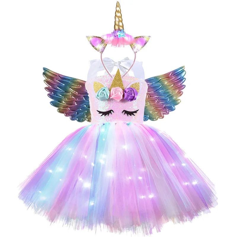 Evening Unicorn Dress LED Light Shiny Flower Girls Costumes for Birthday Party Halloween Cosplay Costume Kids Christmas Clothing