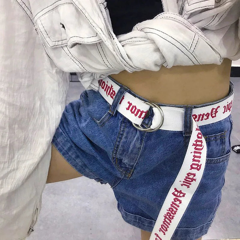 Punk Canvas Belt Women Men Harajuku Letter Flame Printing Long Waist Strap D Ring Buckle Black White Female Trouser Jeans Belts