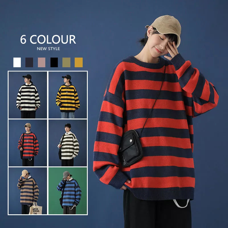 Autumn Winter Contrast Stripe Knitted Sweater 6 Color Men And Women's Pullover Black Red Striped Oversized Sweater Hot Sale