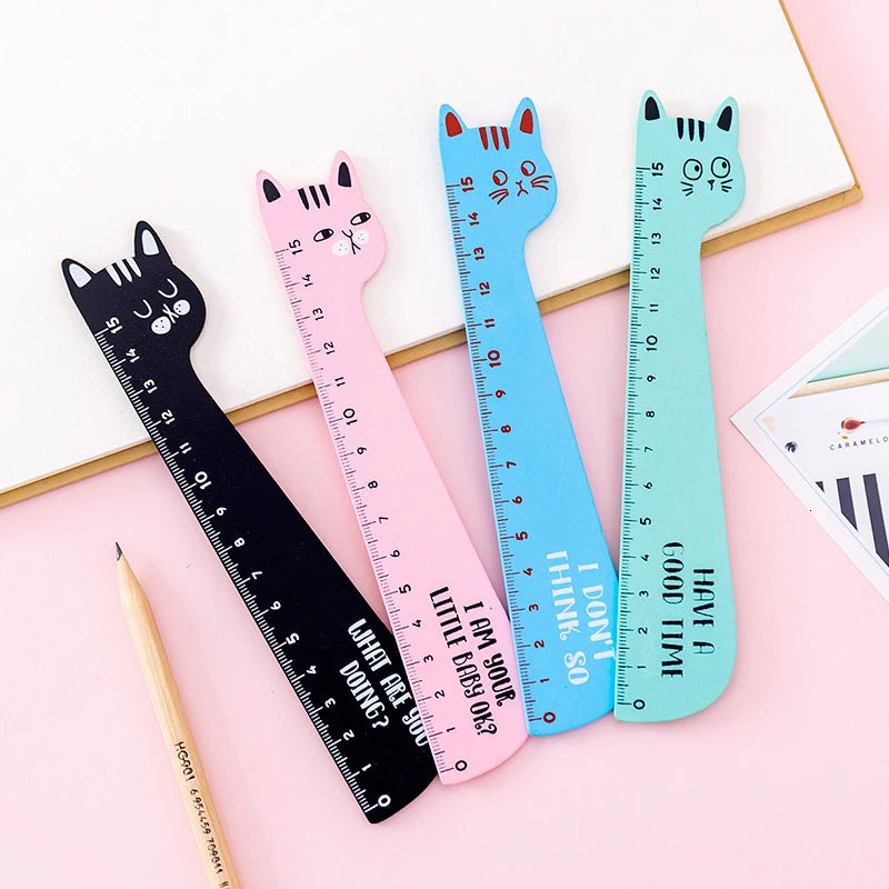 4 Piece Lytwtw's Cat Candy Color Kawaii Stationery Cartoon Drawing Gift Korean Office School Kitten Straight Wooden Ruler