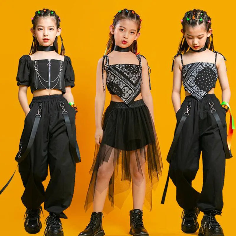 Kids Punk Hip Hop Clothing Square Neck Puff Sleeve Crop T Shirt Pleated Mesh Skirt Pant For Girls Jazz Dance Costume Set Clothes