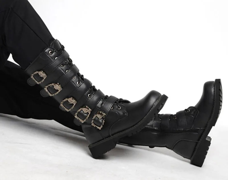 Men's PU Leather Motorcycle Boots High Over the Knee  Boots Gothic Belt Punk Boots Men Shoes Boot