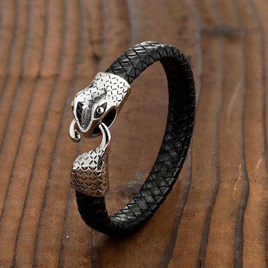 European and American Trendy Punk Style Snake Head Wolf Head Men's Stainless Steel Bracelet Leather Cord Bracelet Jewelry