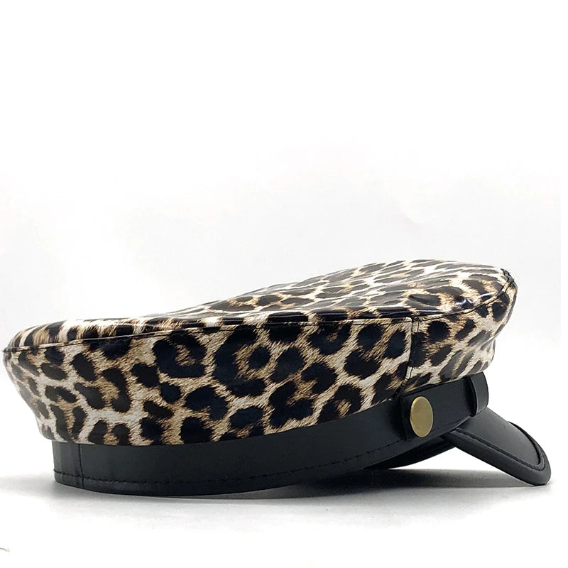 New autumn winter PU Beret Hats For Women French Berets Female Leopard print Berets Black Berets With Adjustable Rope