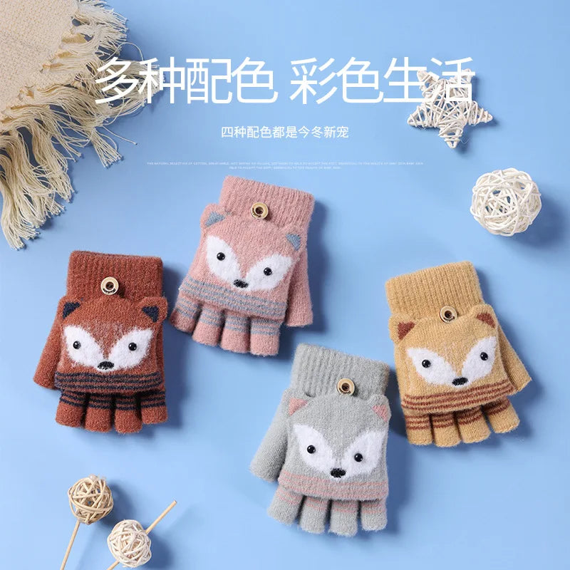 6-10 Years Old Boy Girl Fur Wool Knit Kid Soft Half Finger Flip Glove Children Winter Warm Cute Cartoon Fox Knit Mitten I89