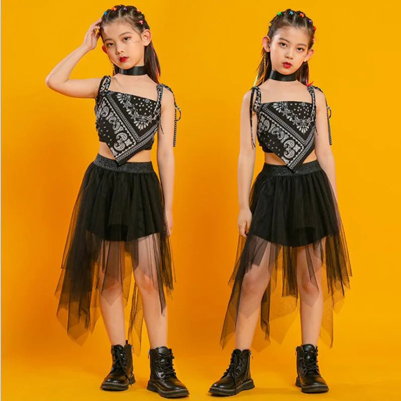 Kids Punk Hip Hop Clothing Square Neck Puff Sleeve Crop T Shirt Pleated Mesh Skirt Pant For Girls Jazz Dance Costume Set Clothes