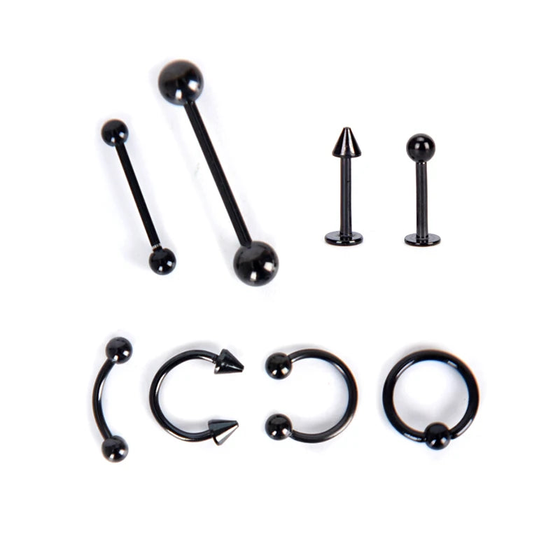 8/9/16Pcs Mix Bar Ball Ring Spiking Surgical Stainless Steel Ear Eyebrow Lip Nose Tongue Piercing Set Jewelry For For Women Men