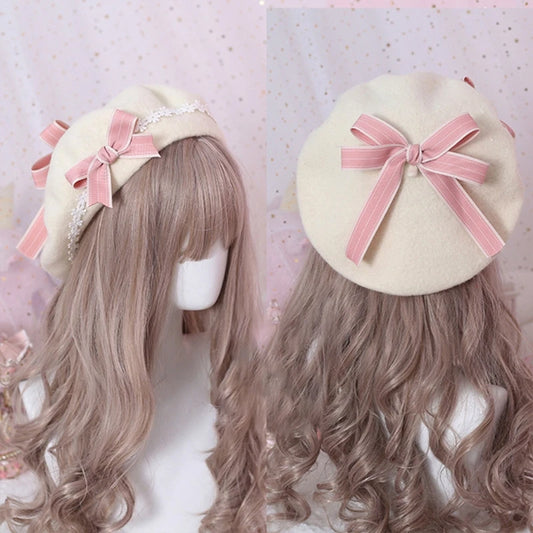 Soft Sweet daisy Bow Hat French Biscuit Hat Beret Wool Painter Side Fold Hairpin Lolita Accessory Sweet Cute Female