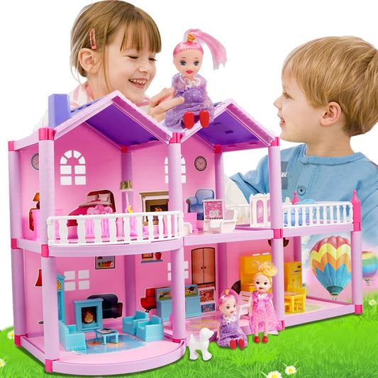 Kids DIY Family Doll House Accessories Toy With Miniature Furniture Garage Assemble Casa Doll House Toys For Girls Birthday Gift