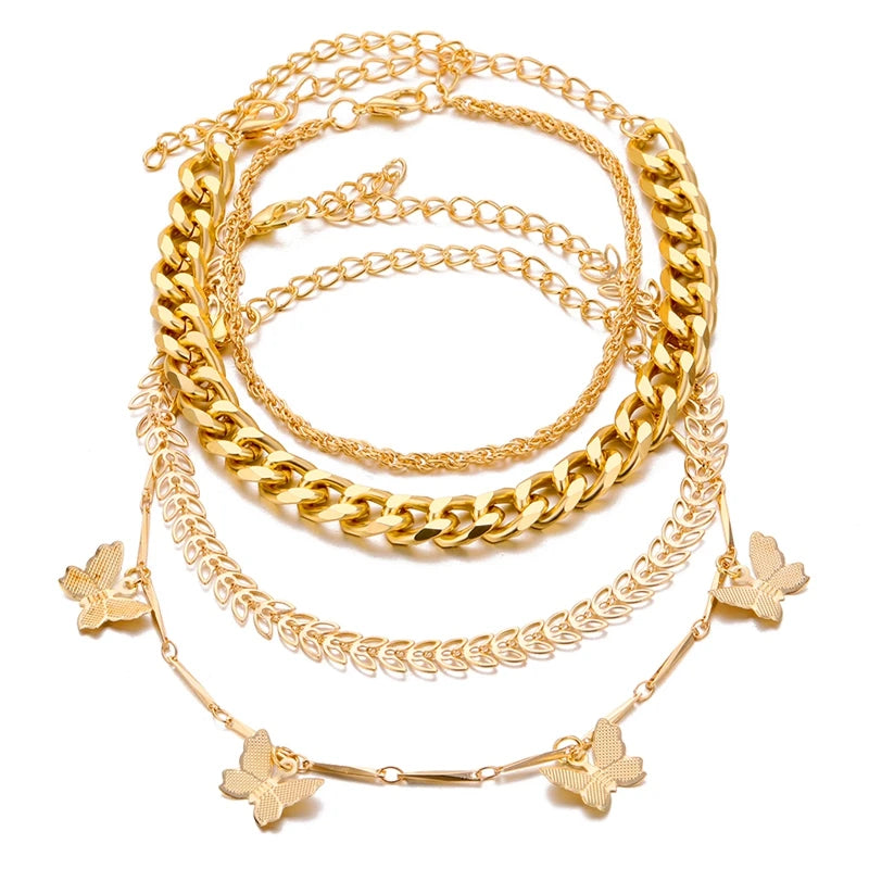 Fashion Butterfly Gold Color Silver Colors Bracelets Set For Women DIY Gold Color Chain Charm Bracelet Bohemian Jewelry