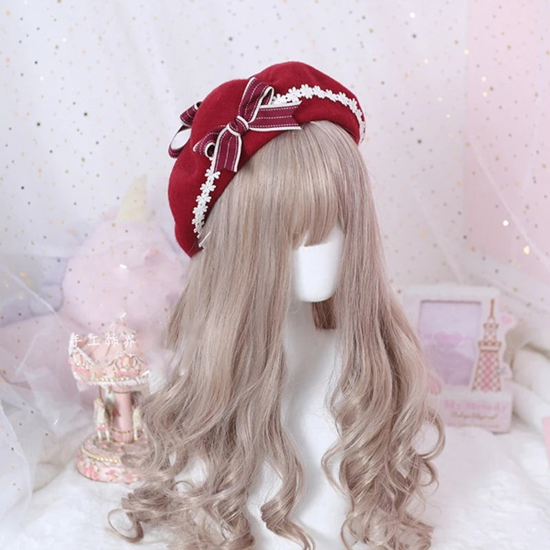 Soft Sweet daisy Bow Hat French Biscuit Hat Beret Wool Painter Side Fold Hairpin Lolita Accessory Sweet Cute Female