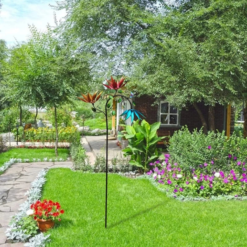 Large Metal Wind Spinner with Three Spinning Flowers Butterflies Windmill Wind Sculpture for Outdoor Garden Art Decor 85DA