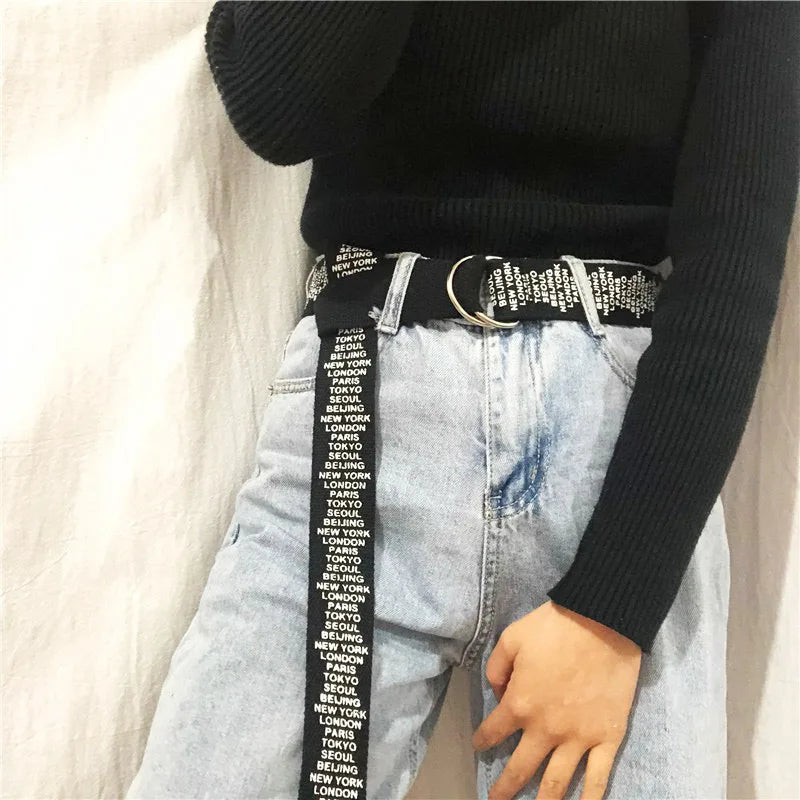 Punk Canvas Belt Women Men Harajuku Letter Flame Printing Long Waist Strap D Ring Buckle Black White Female Trouser Jeans Belts