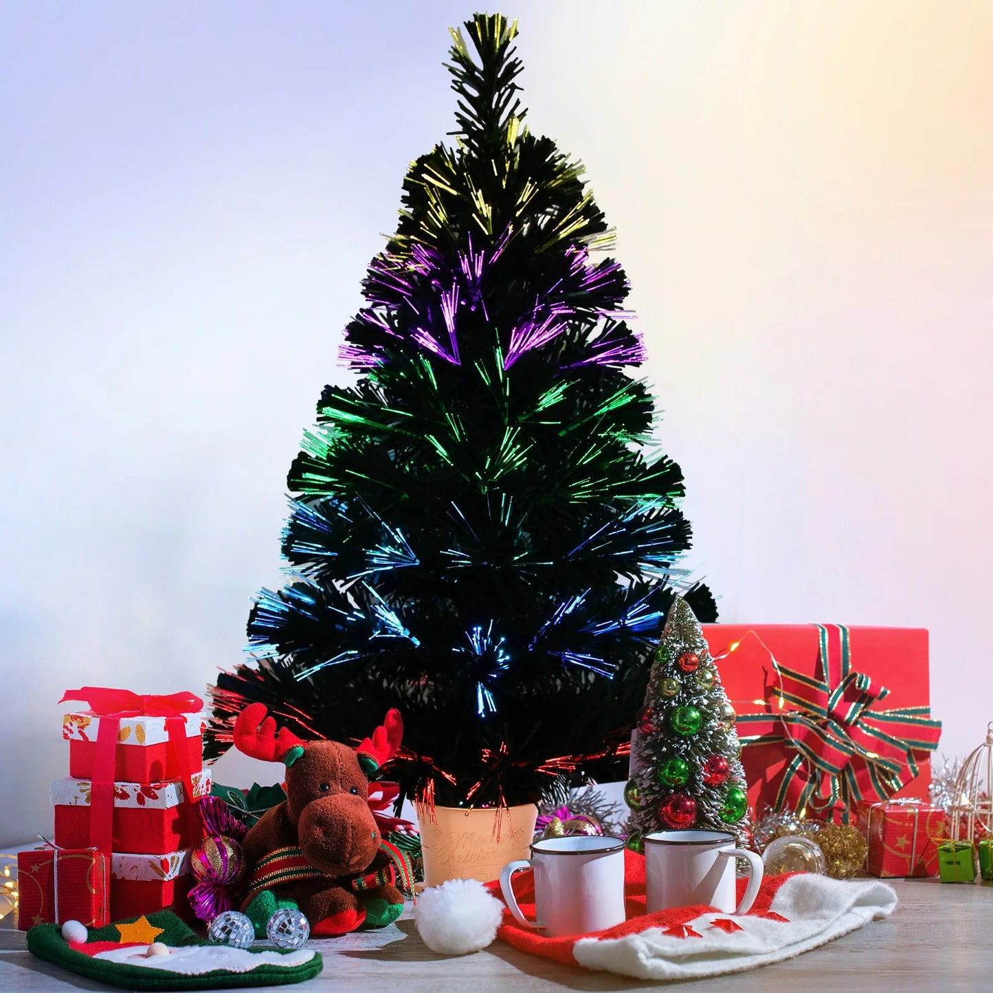 Green Pre-lit Mini Fiber Optic Tabletop Christmas Tree with 5-Layers Control LED Lights, Tabletop Xmas Table Top, 32 Inch