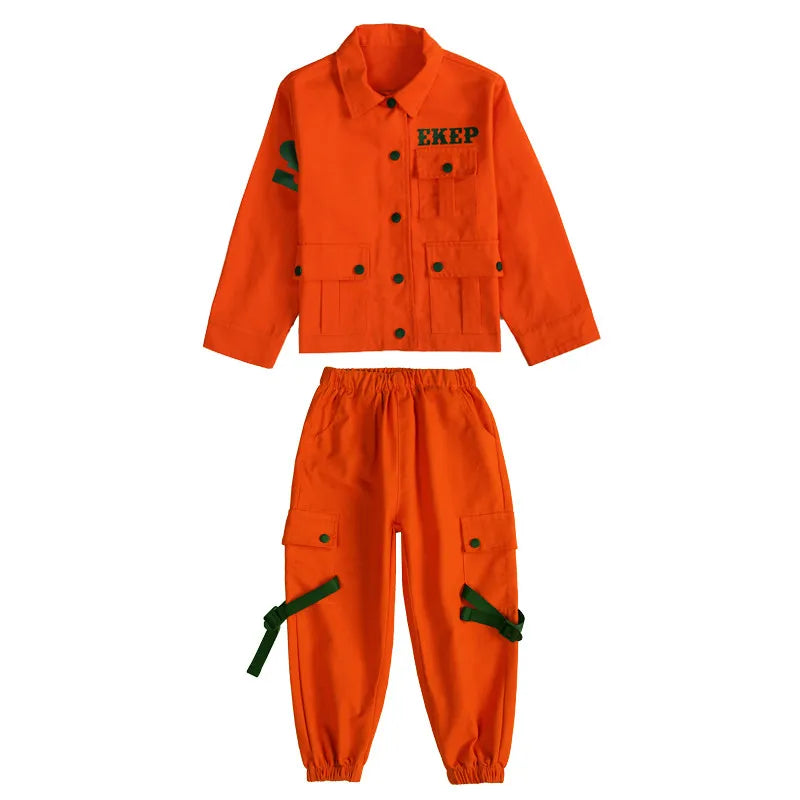 Jazz Costumes Orange Tooling Long Sleeve Jacket Pants Boys Street Dancing Clothes Hip Hop Dance Set Stage Dancewear Kids