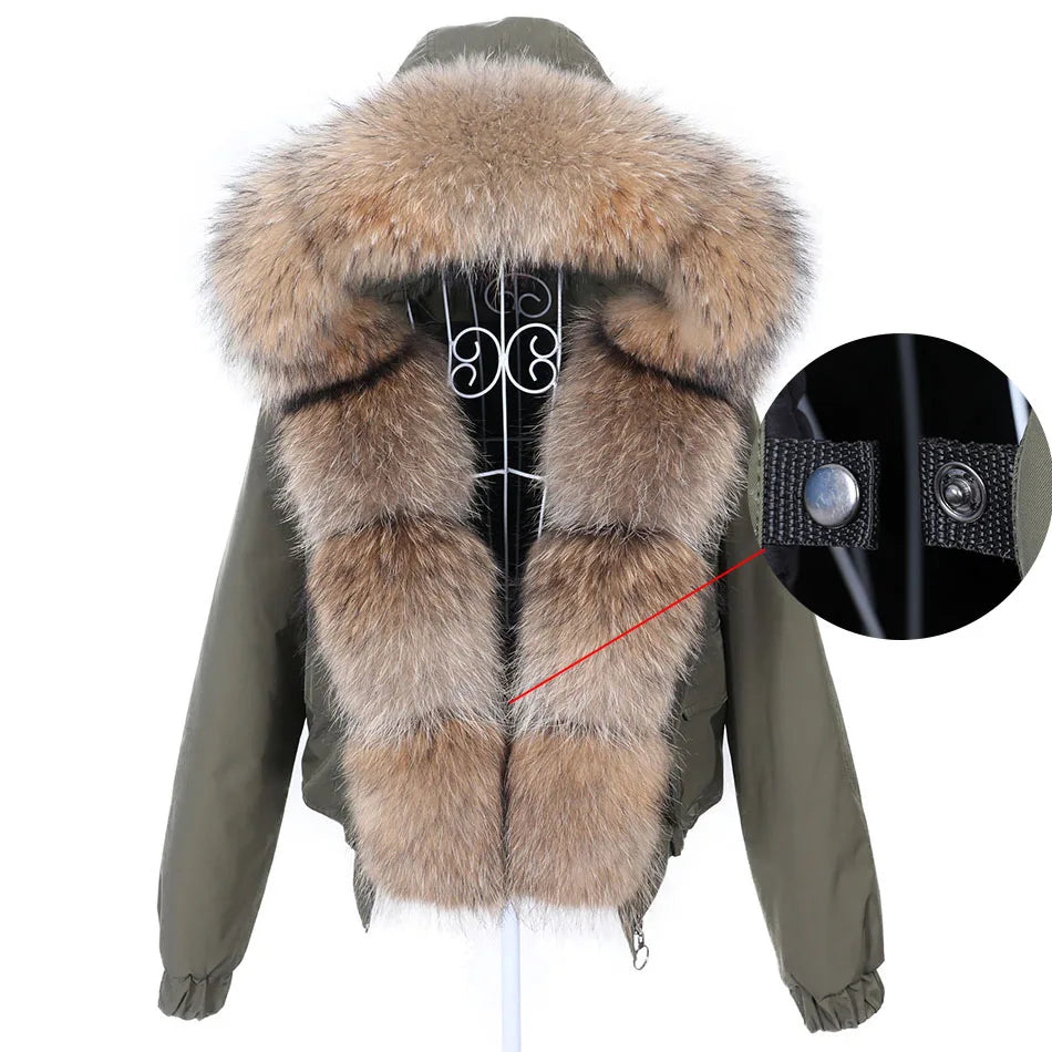 MAOMAOKONG 2023 Fashion Short Women's Real Fox Fur Coat Natural Big Raccoon Fur Collar Winter Parka Bomber Jacket Waterproof